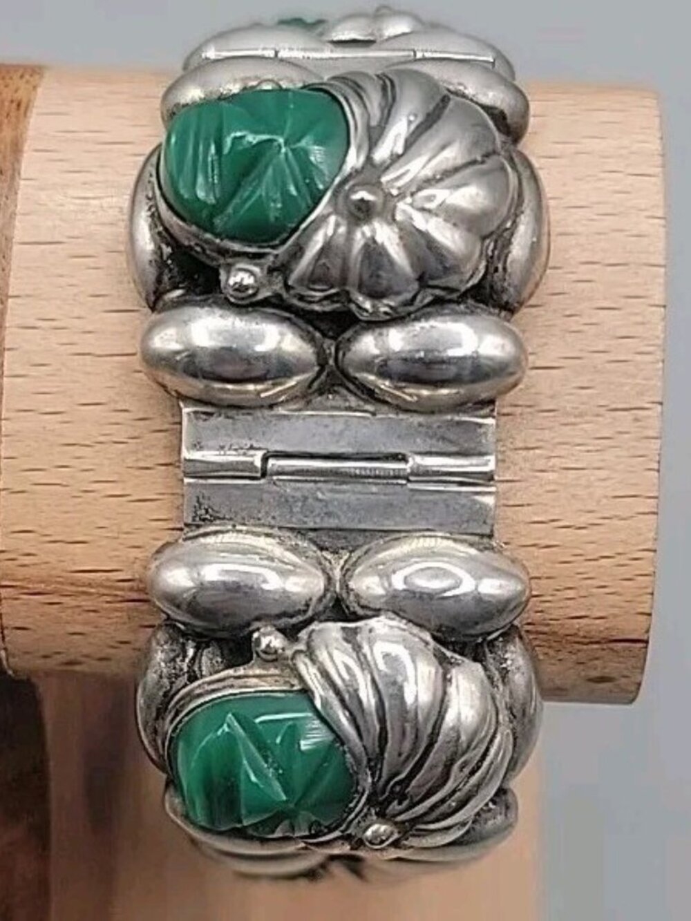 VTG Rancho Alegre Taxco 925 Green Onyx 5-Face Portrait Panel Bracelet 60.67g 7" - Picture 1 of 16